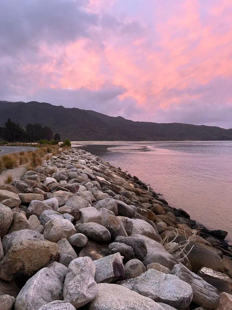 Abel Tasman National Park, New Zealand Candyfloss Sunset. Pink Sky in Marahau.